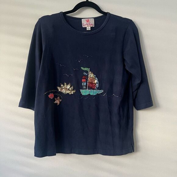 Quacker Factory Women's Navy Sequin Embellished 3/4 Sleeve Top Size Small - Picture 1 of 10